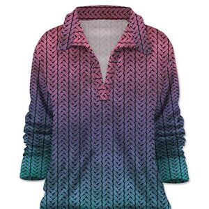 UDEAR Pink & Teal OmbrÃ© Weave-Print Collared Notch Neck Top	3X